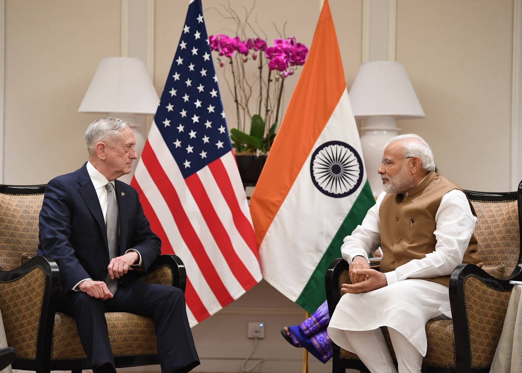 Singapore: Prime Minister Narendra Modi meets the US Defense Secretary James Mattis in Singapore on June 2, 2018. (Photo: IANS/PIB)