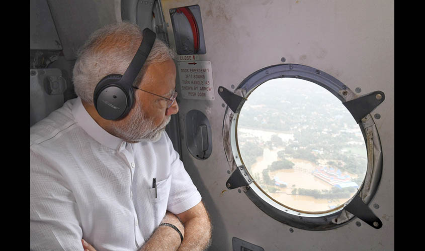 Kerala: Prime Minister Narendra Modi conducts an aerial survey of flood affected areas, in Kerala on Aug 18, 2018. (Photo: IANS/PIB)