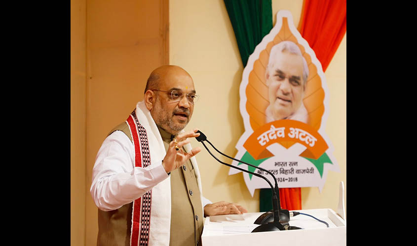 New Delhi: BJP chief Amit Shah addresses during the party's National Office Bearers meeting at Dr. Ambedkar International Centre, in New Delhi on Sept 8, 2018. (Photo: IANS/BJP)
