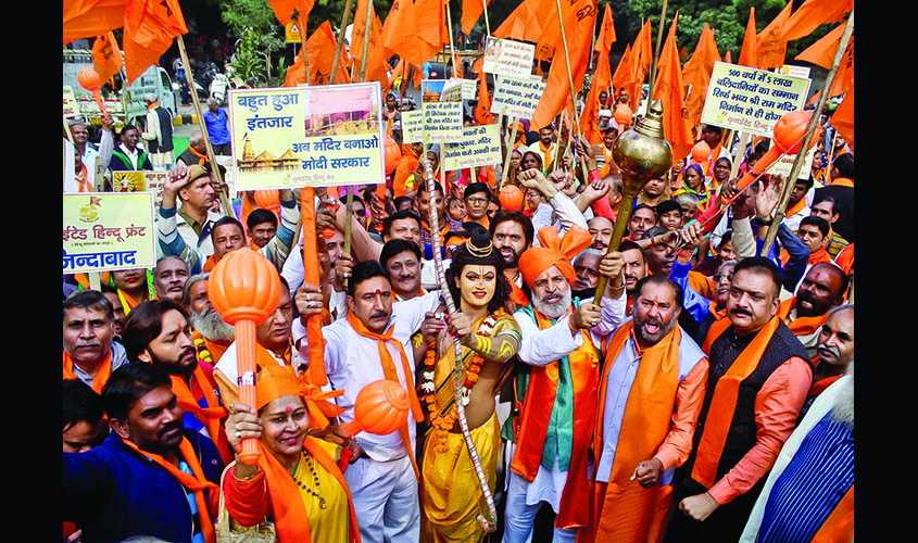 New Delhi: Hindu activists stage a demonstration to press for the construction of Ram temple in Ayodhya; in New Delhi on Dec 6, 2018. (Photo: IANS)