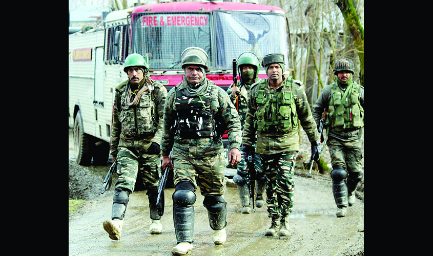 Kupwara: Soldiers at the site of an encounter with militants in Jammu and Kashmir's Kupwara district on March 3, 2019. Two militants, five security men and a civilian were killed in the 48-hour-long gunfight that ended. (Photo: IANS)