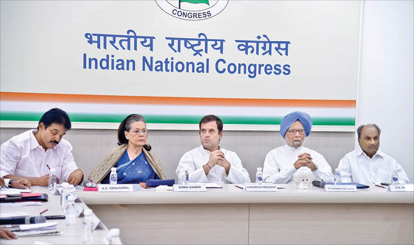 Sonia Gandhi, Rahul Gandhi and Manmohan Singh during the Congress Working Committee (CWC) meeting at the party’s headquarters in New Delhi, on Saturday. IANS