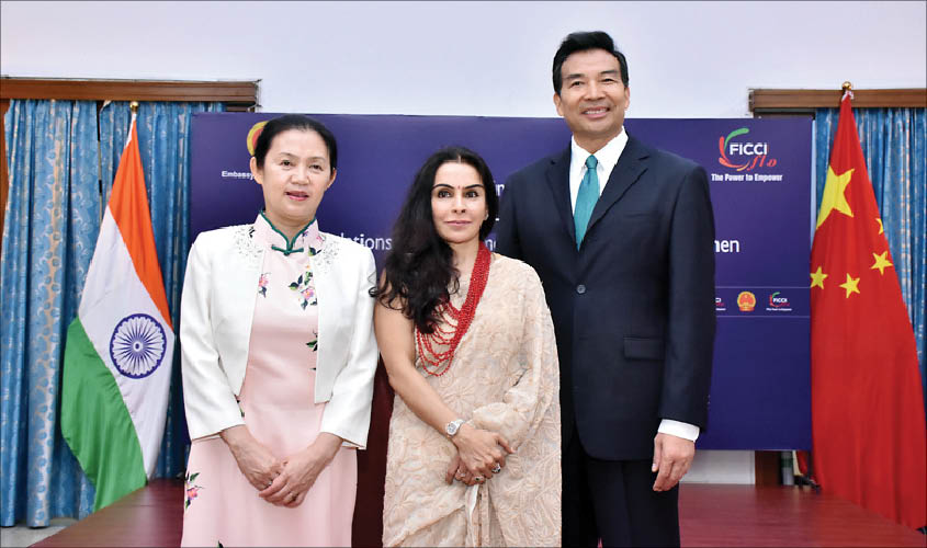 (L-R) Dr Jiang Yili; Harjinder Kaur Talwar, FLO president; and Luo Zhaohui, the Chinese Ambassador to India.