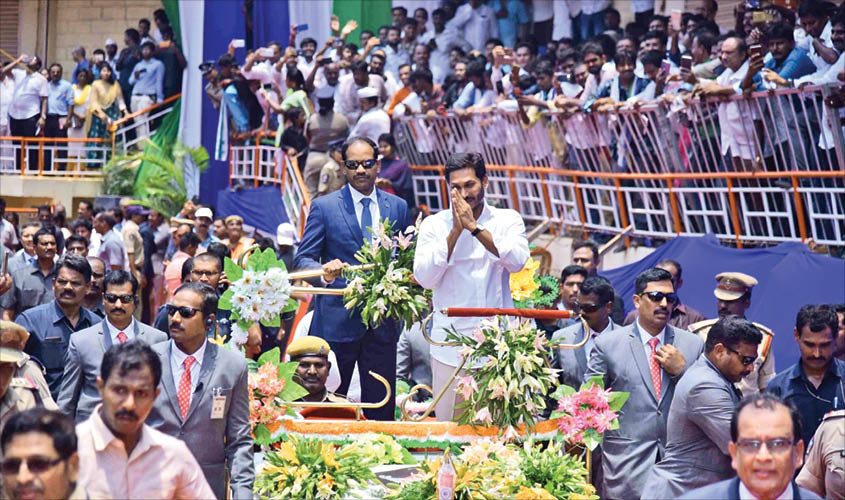 YSRCP President Y.S. Jagan Mohan Reddy arrives to take oath as the Chief Minister of Andhra Pradesh in Vijayawada on Thursday. IANS