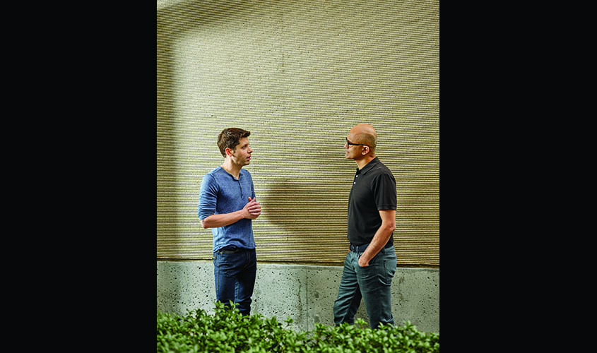 Sam Altman, left who manages the company OpenAI, and Satya Nadella, the chief executive of Microsoft, which is investing $1 billion in OpenAI, at the Microsoft Campus in Redmond, Wash., July 15, 2019. (Ian C. Bates/The New York Times)