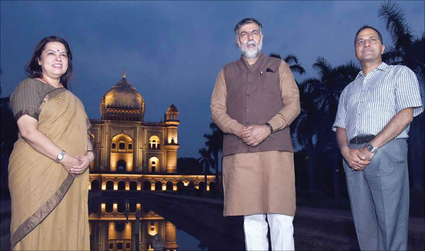 Meenakshi Lekhi, Prahlad Singh Patel and Arun Goel at the inauguration of lights at Safdarjung Tomb, New Delhi on Friday.