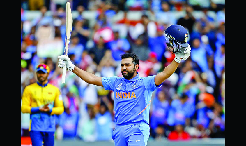 Leeds: India's Rohit Sharma celebrates his century during the 44th match of World Cup 2019 between India and Sri Lanka at Headingley Stadium in Leeds, England on July 6, 2019. (Photo: Surjeet Yadav/IANS)