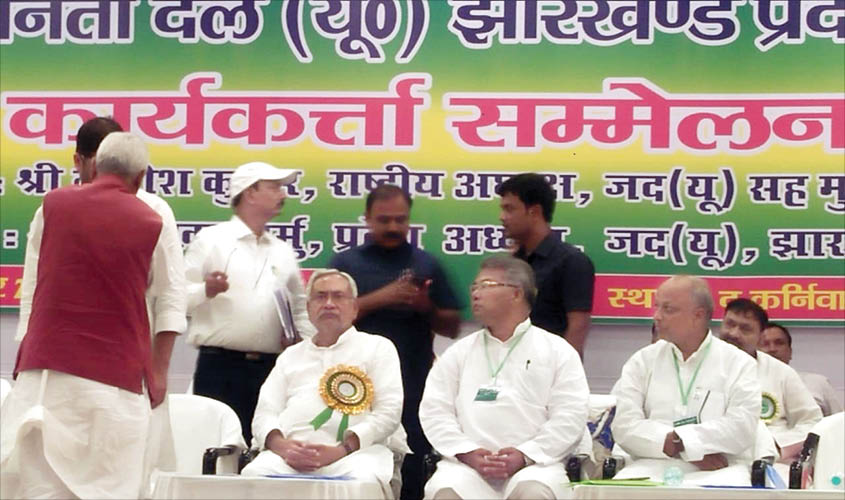 Bihar Chief Minister and JDU president Nitish Kumar along with party’s Jharkhand president Salkhan Murmu at a workers’ meeting in Ranchi on Saturday.
