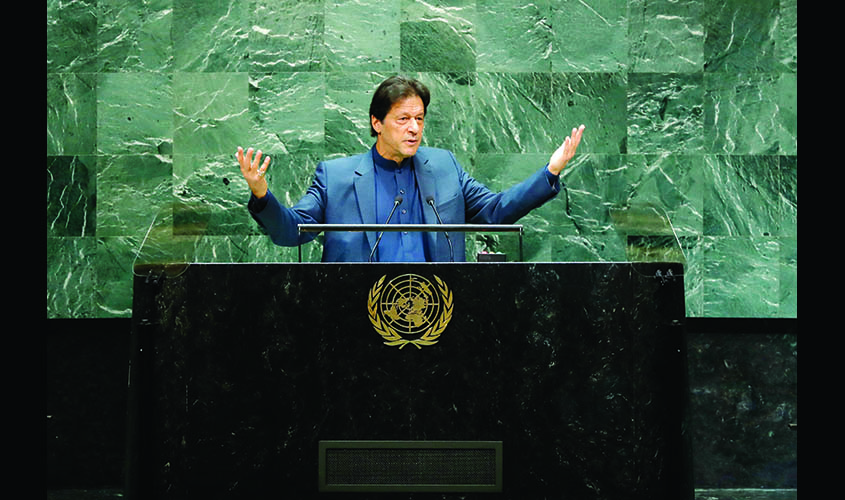 UNITED NATIONS, Sept. 27, 2019 (Xinhua) -- Pakistani Prime Minister Imran Khan addresses the General Debate of the 74th session of the UN General Assembly at the UN headquarters in New York, on Sept. 27, 2019. (Xinhua/Li Muzi/IANS)