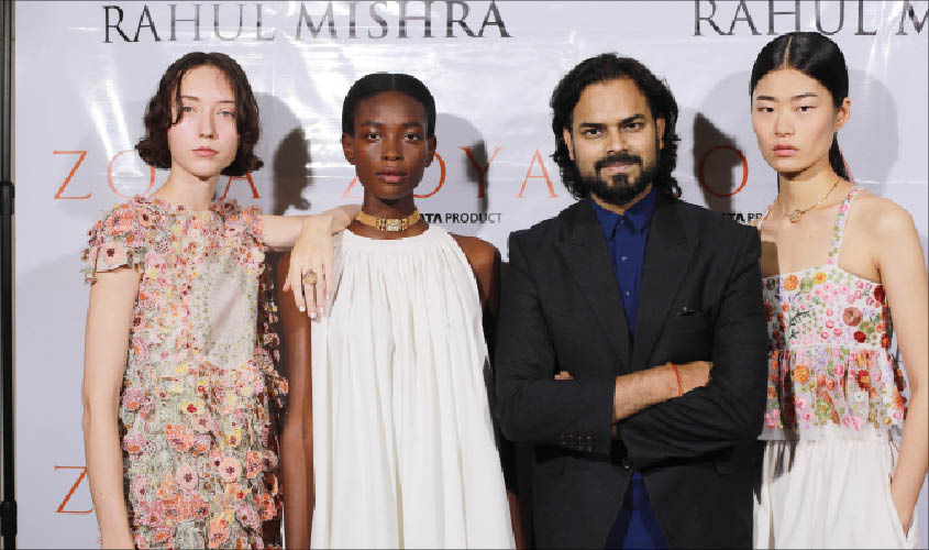 Rahul Mishra with models dressed in Zoya jewels and Rahul Mishra’s SS 2020 collection at the Paris Fashion Week 2019.