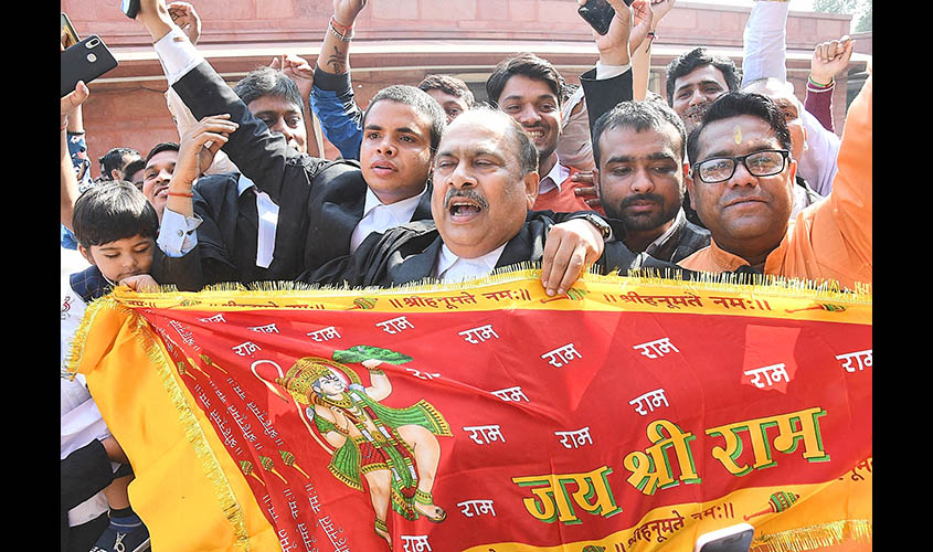 New Delhi: Lawyers chant 'Jai Shri Ram' slogans as they celebrate the Supreme Court's verdict in Ayodhya title dispute case, in New Delhi on Nov 9, 2019. The apex court ruled to give the disputed land in Ayodhya to the Hindus for a temple and five acres o