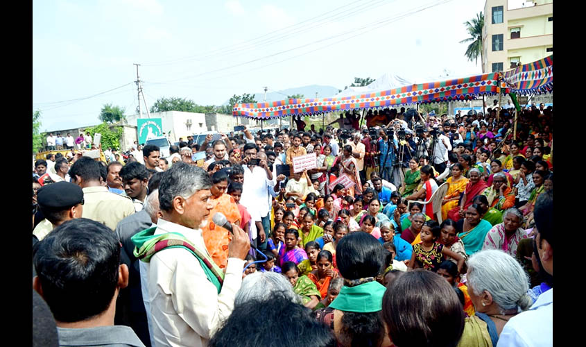 Amaravati: TDP President N. Chandrababu Naidu addresses a gathering of farmers during their agitation demanding continuation of Amaravati as Andhra Pradesh capital, in Amaravati on Jan 1, 2020. Naidu abstained from celebrating New year and met farmers, ex