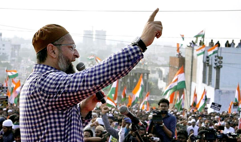 Hyderabad: AIMIM President Asaduddin Owaisi addresses a gathering of protesters during the 'Tiranga rally' organised to protest against the Citizenship Amendment Act (CAA) 2019, in Hyderabad on Jan 10, 2020. (Photo: IANS)
