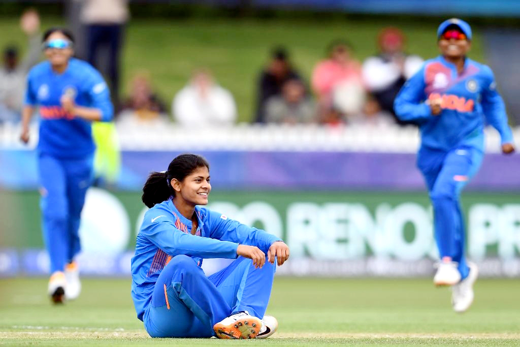 Melbourne: India's Radha Yadav celebrates fall of a wicket during the ICC Women's T20 World Cup 9th match between India and New Zealand at Junction Oval in Melbourne on Feb 27, 2020. (Photo: Twitter/@T20WorldCup)