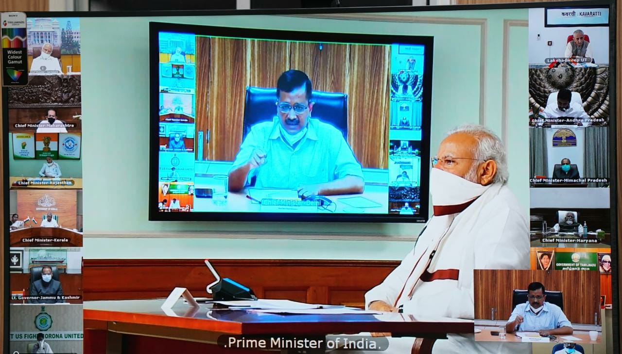 New Delhi: Delhi Chief Minister Arvind Kejriwal interacts with Prime Minister Narendra Modi during a video conference meet chaired by the latter with the Chief Ministers of all the states to discuss the steps taken to conrtain the spread of Covid-19 across the country, in New Delhi on Apr 11, 2020. (Photo: IANS)