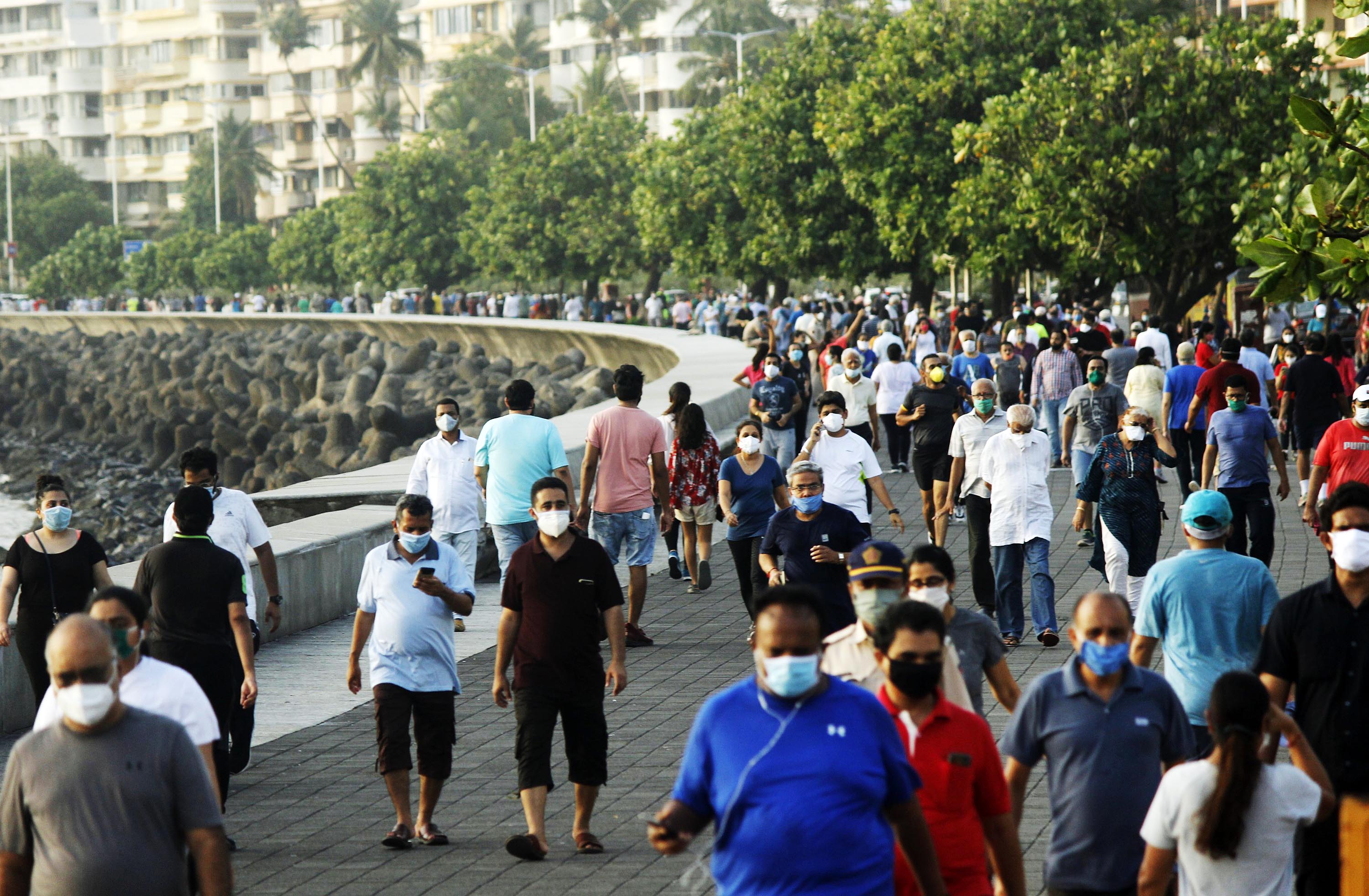 crowd is seen at Marine drive since Maharashtra allowed outdoor physical activities