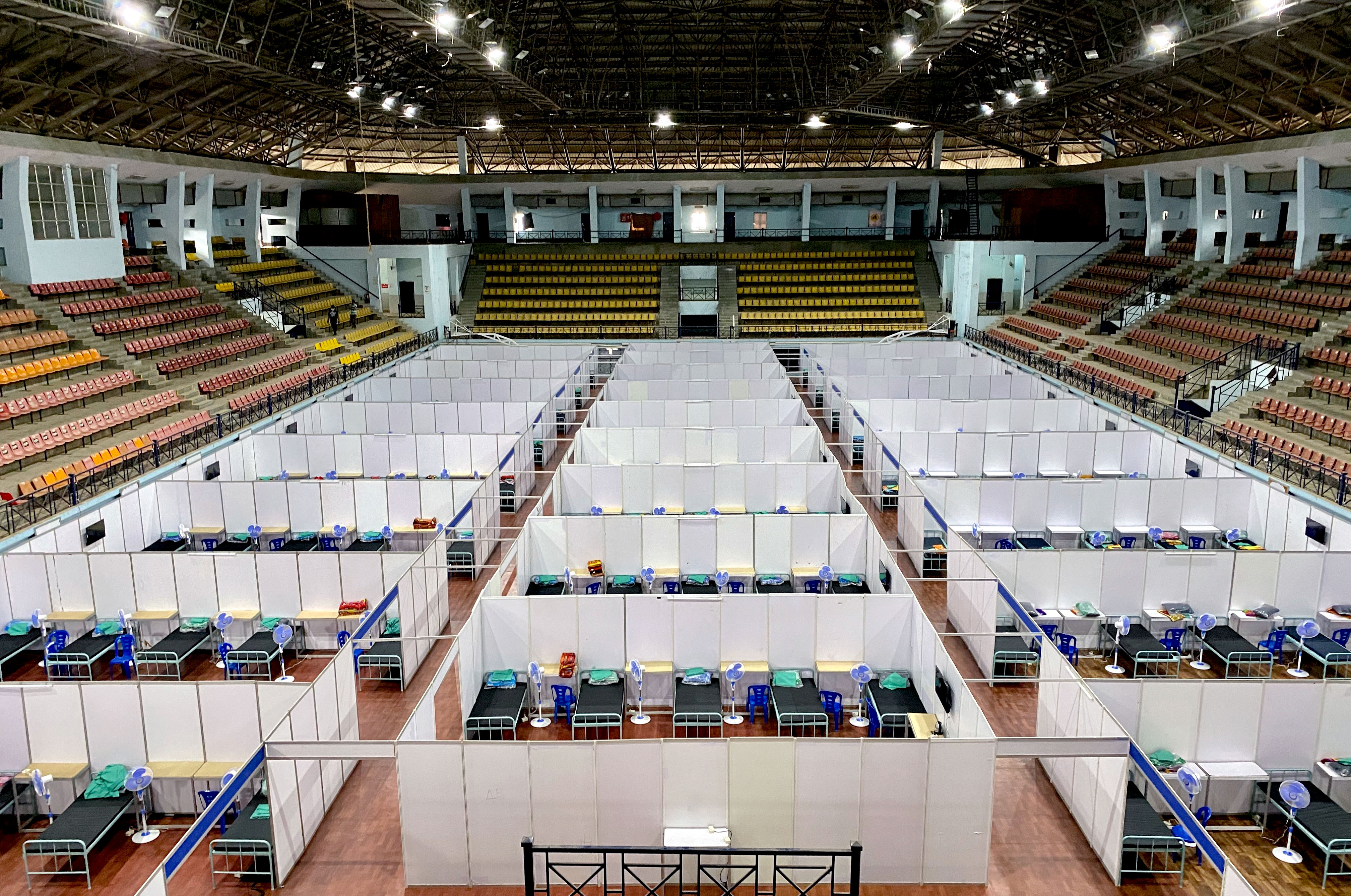 An inside view of Koramangala Indoor Stadium as it has been converted into a COVID care centre