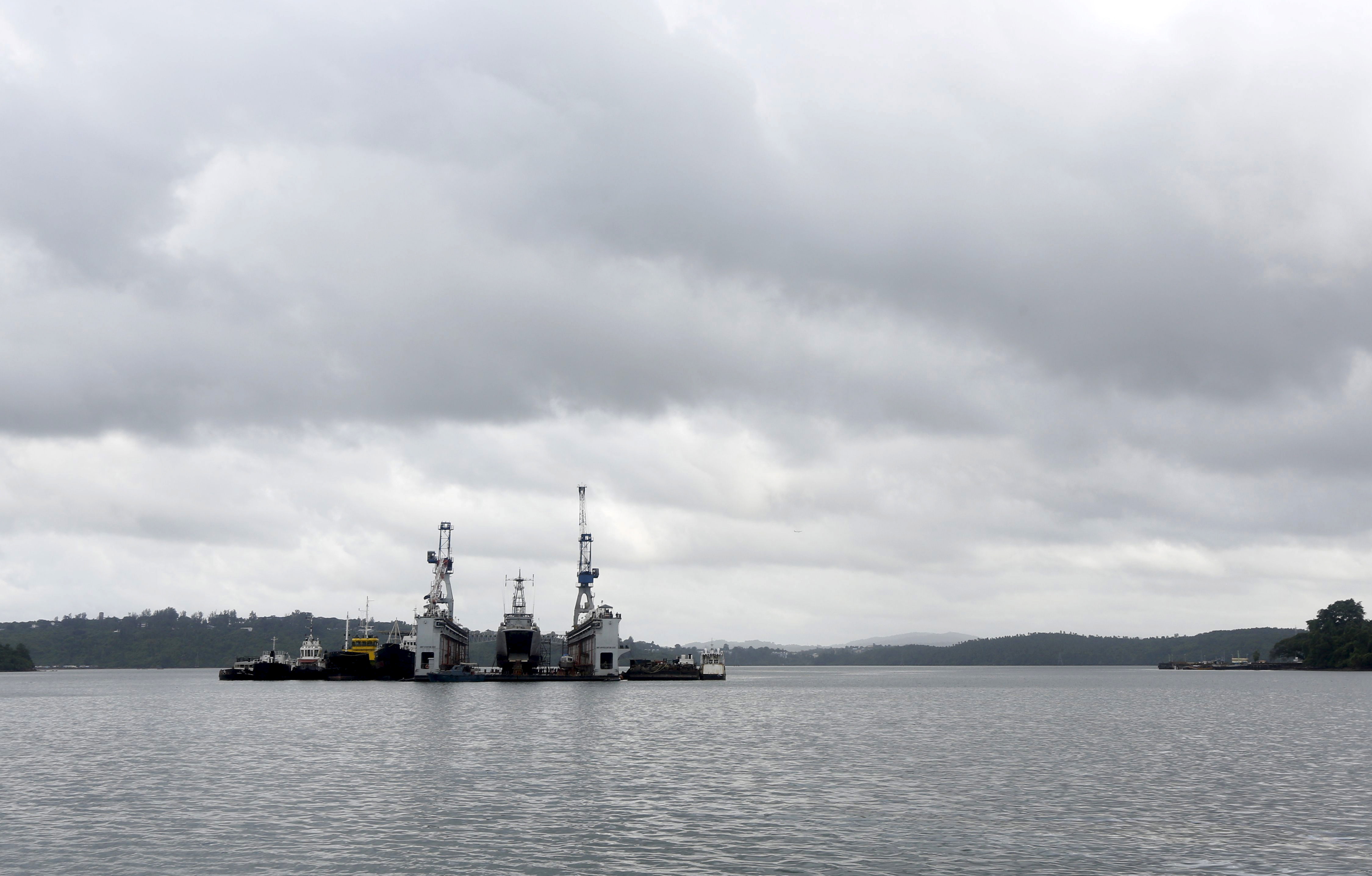 A floating dock of the Indian navy is pictured at the naval base at Port Blair in Andaman and Nicobar Islands