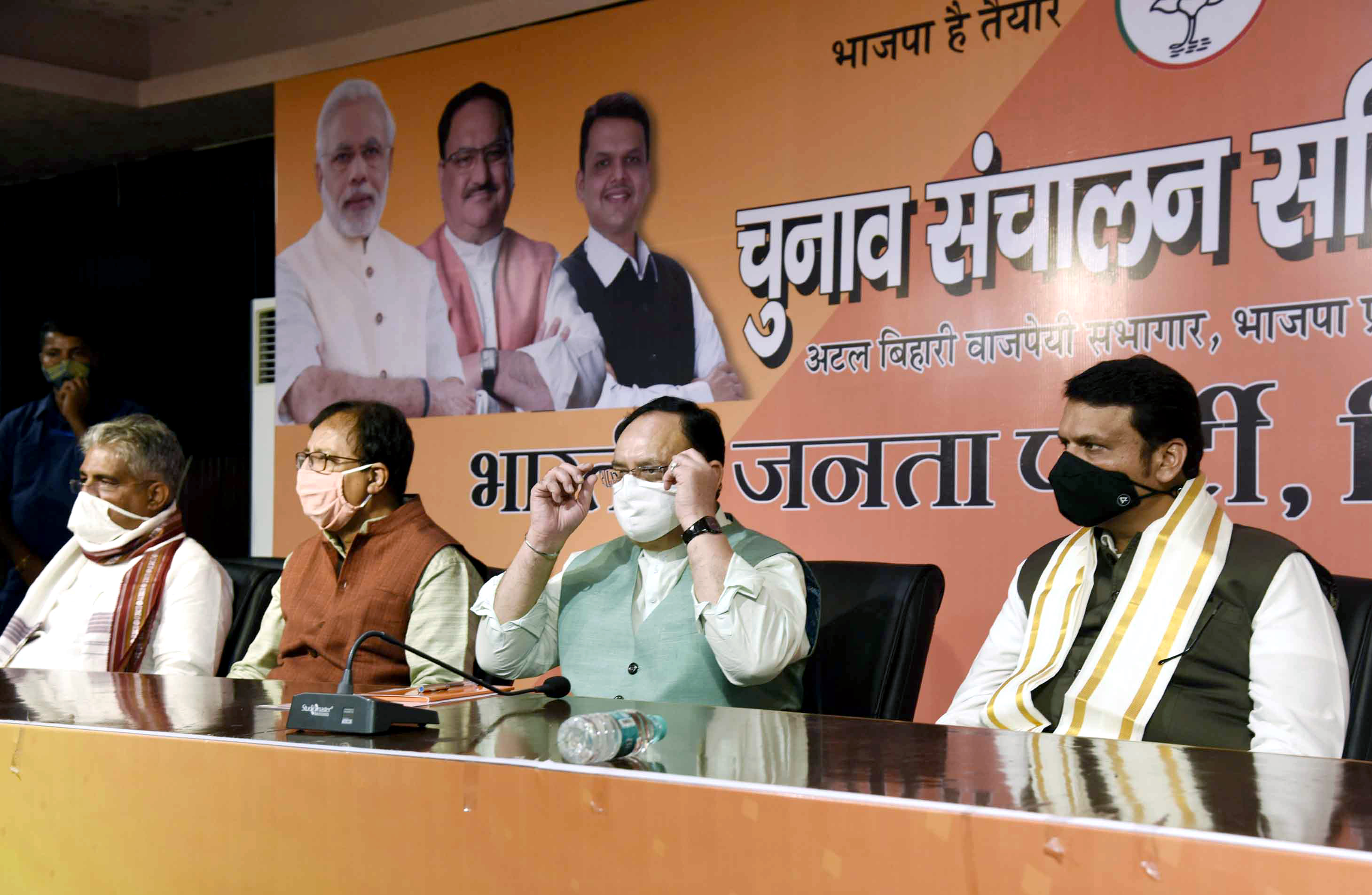 BJP National President JP Nadda along with BJP leader and Bihar elections in-charge Devendra Fadnavis during a meeting with the Election Operations Committee for ahead of Bihar Assembly election in Patna