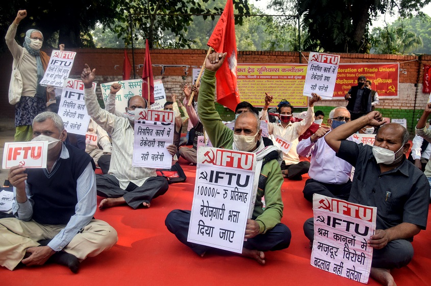 Members of Left Labor Unions protest against the three Labour code passed recently by the central government