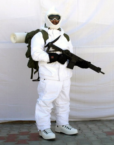 An Indian Army soldier wearing latest American extreme cold weather clothing for braving harsh winters