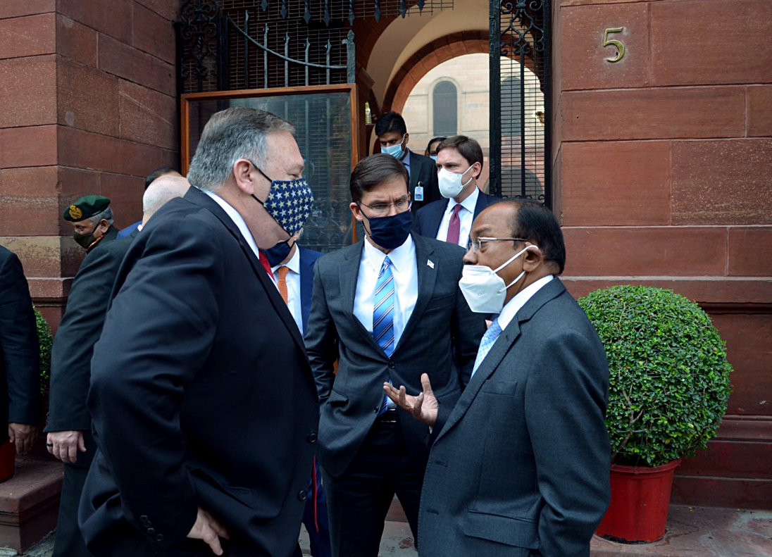 National Security Advisor Ajit Doval talking with US Secretary of the State Michael Pompeo and US Defence Secretary Mark T Esper