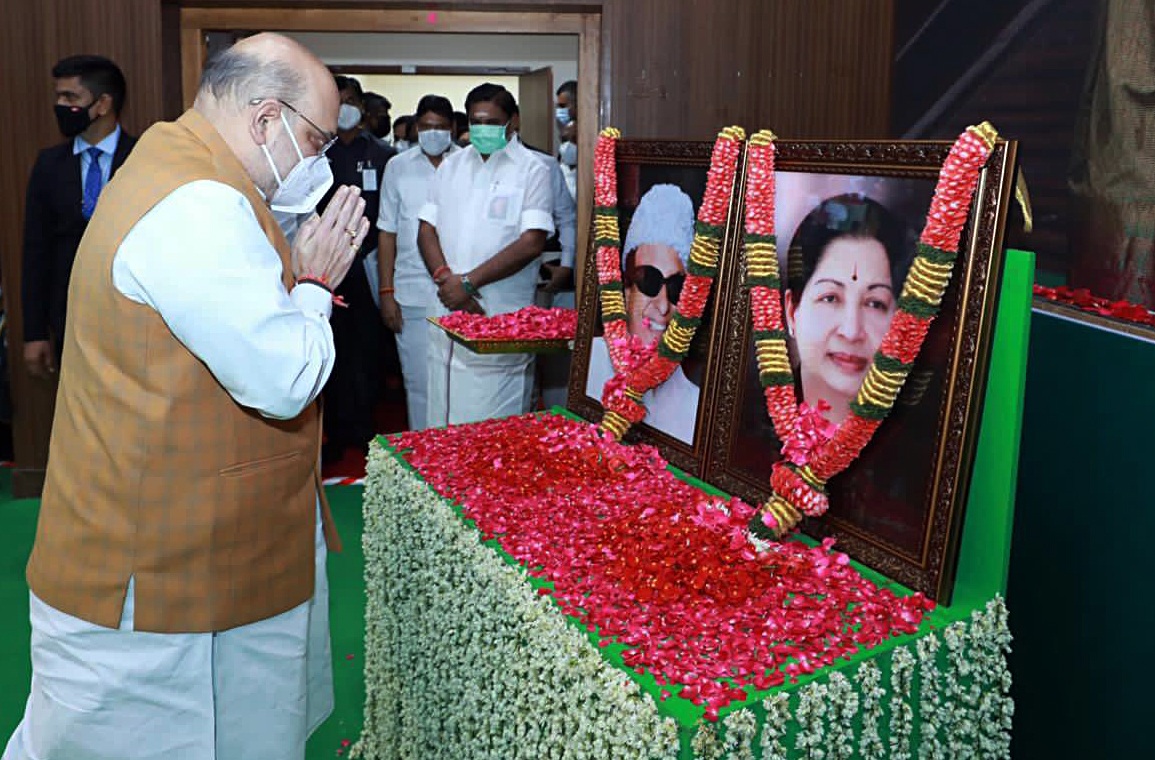 Union Home Minister Amit Shah pays floral tributes to former Tamil Nadu Chief Minister Late J Jayalalitha