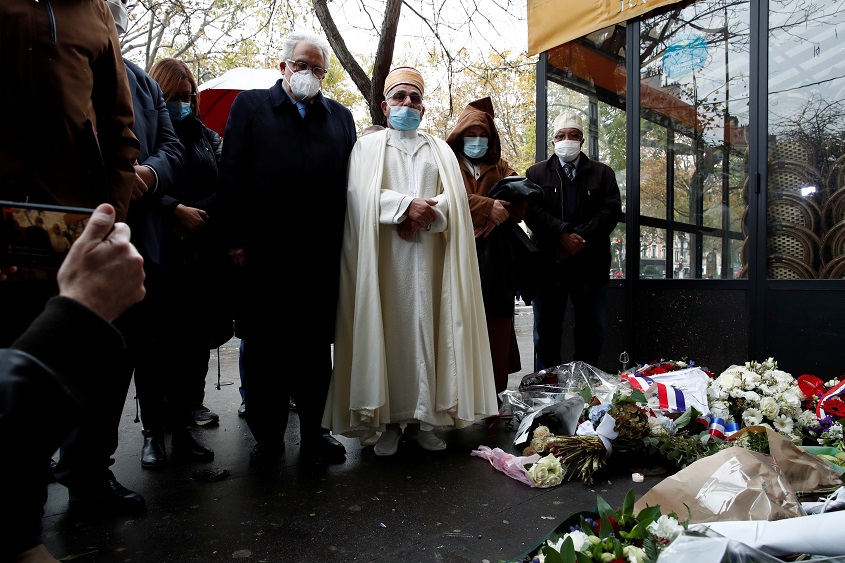 French Muslim clerics leaders pay tribute outside the Bataclan concert venue marking the fifth anniversary of the Paris attacks