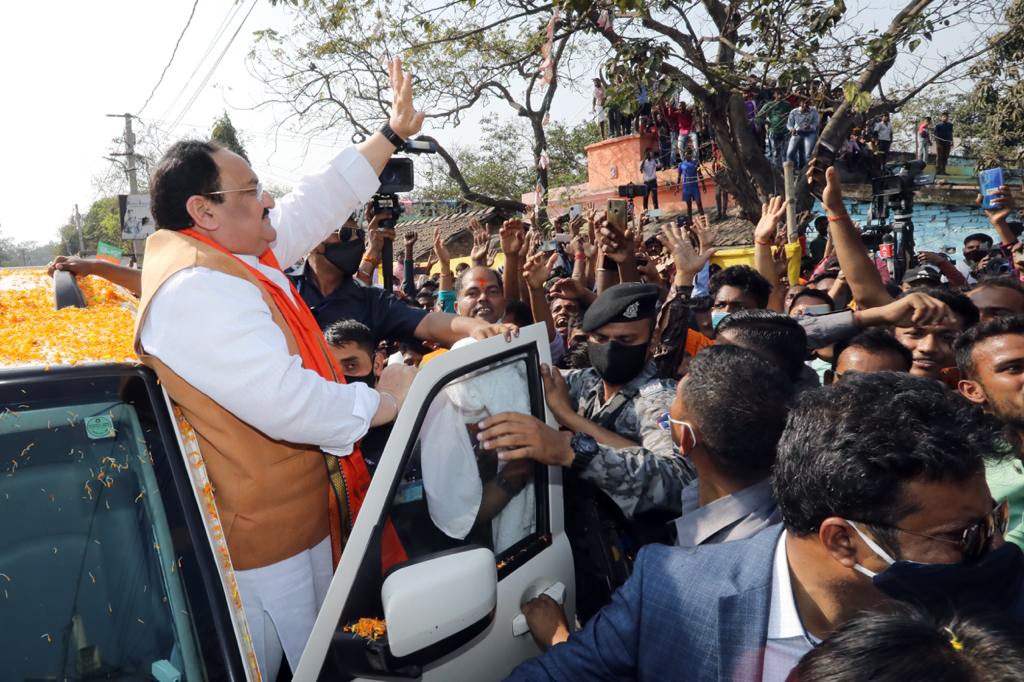BJP National President JP Nadda waves to the supporters
