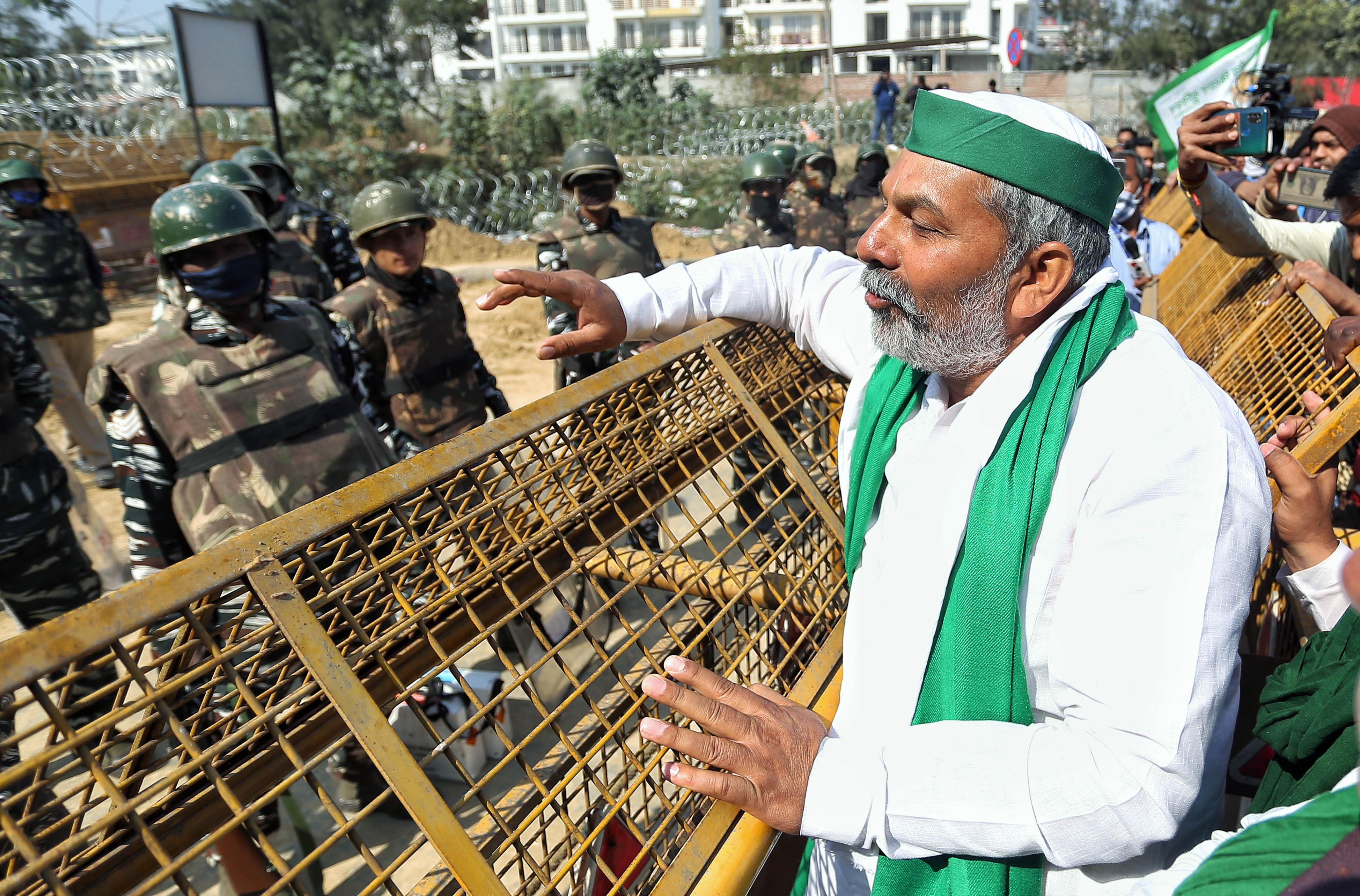 Farmer leader Rakesh Tikait during an ongoing protest against new farm laws