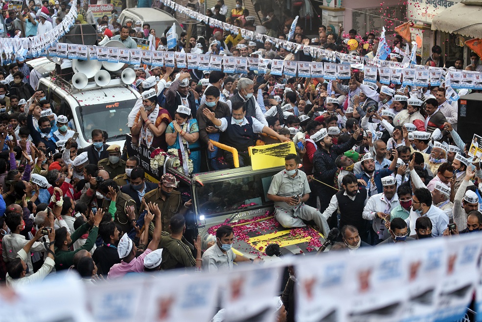 Delhi Chief Minister Arvind Kejriwal holds a roadshow in the Shalimar Bagh area ahead of byelections