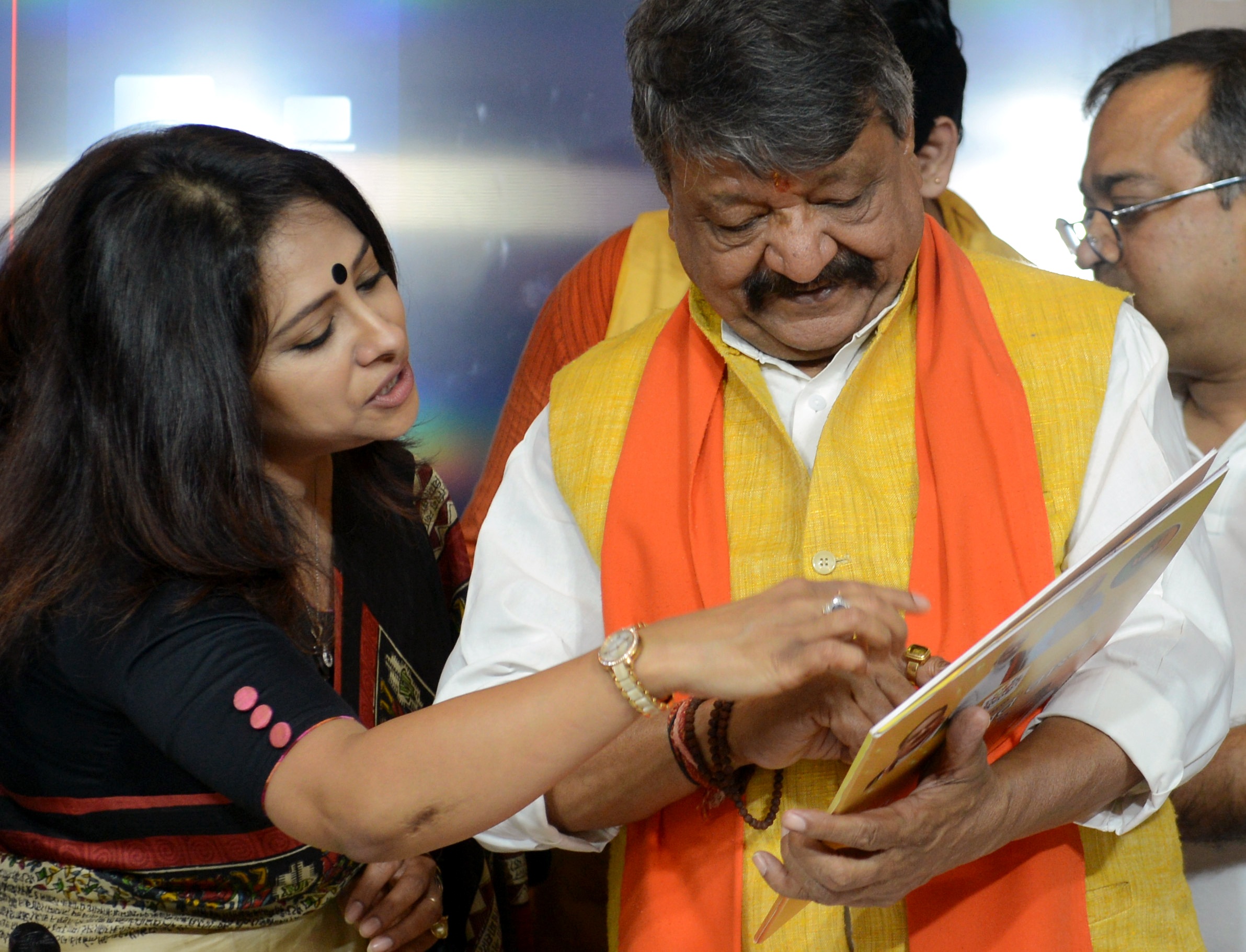 BJP leader Kailash Vijayvargiya and other party leaders release the election campaign song 'Gorbo Sonar Bangla'