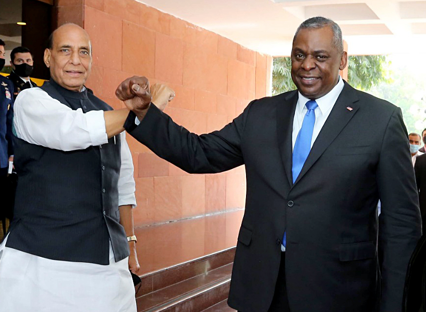 Defence Minister Rajnath Singh and US Secretary of Defence Lloyd J Austin III doing elbow bump