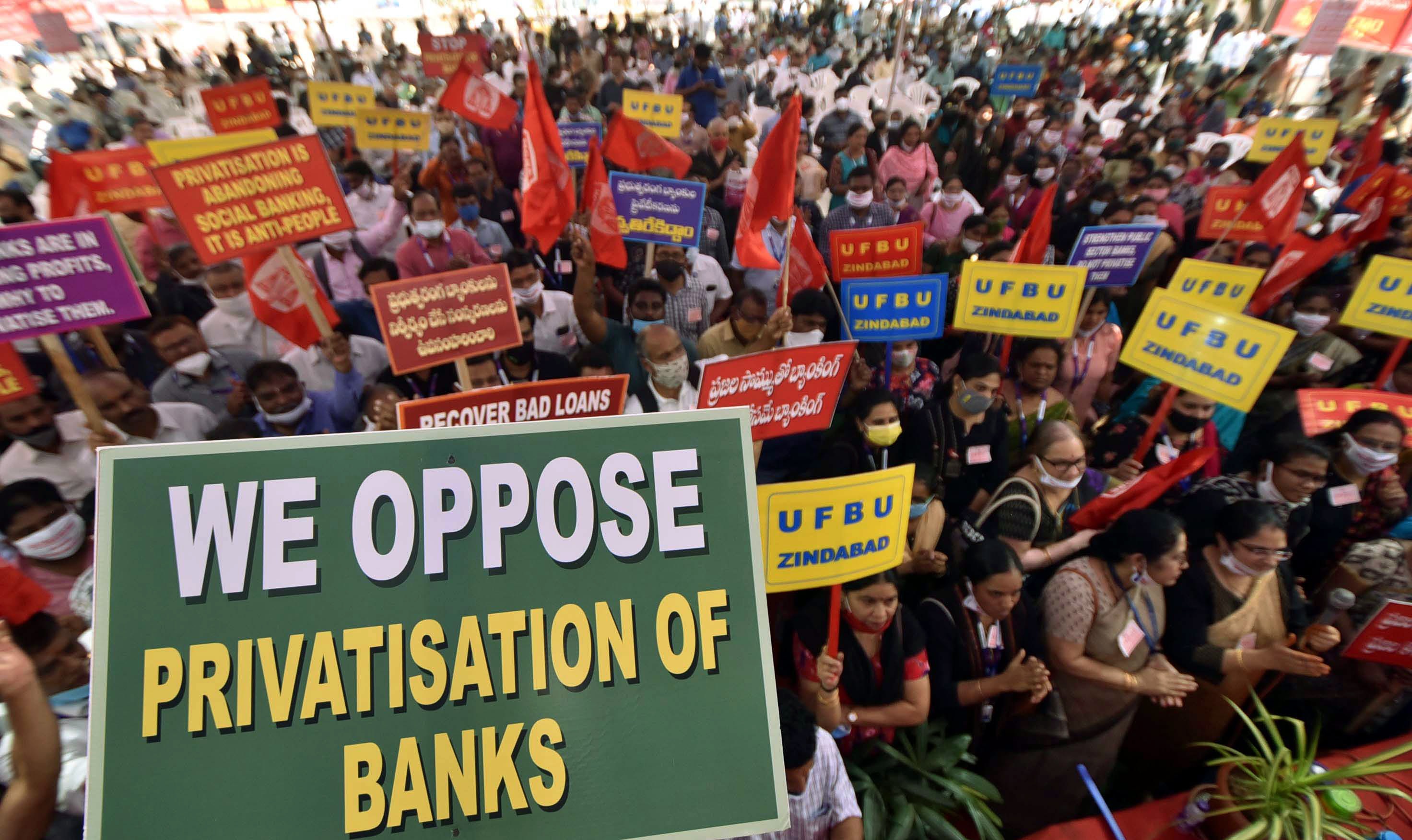 Bank employees holding banners shout slogans on the 2nd Day of a Nationwide Strike