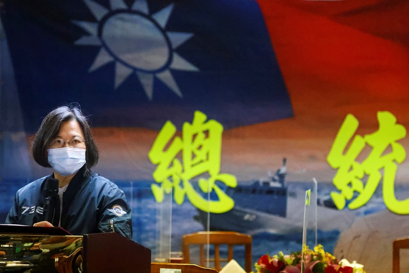 Taiwan's President Tsai Ing-wen gives a speech after visiting the Navy's 131st Fleet in Keelung