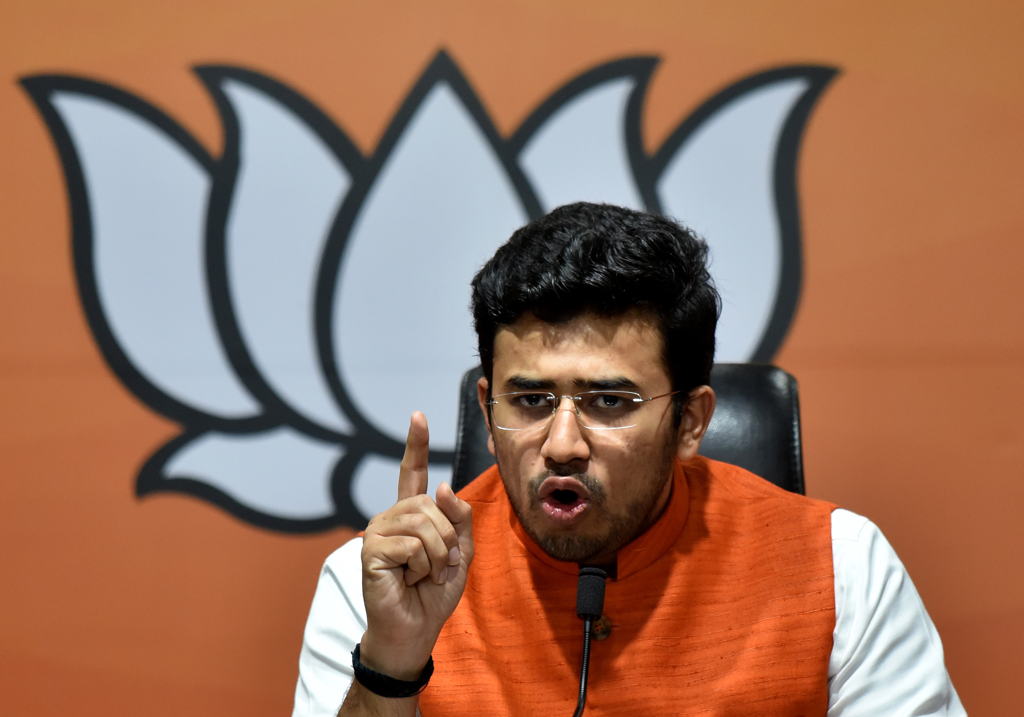BJYM National President Tejasvi Surya addresses a press conference at BJP HQ