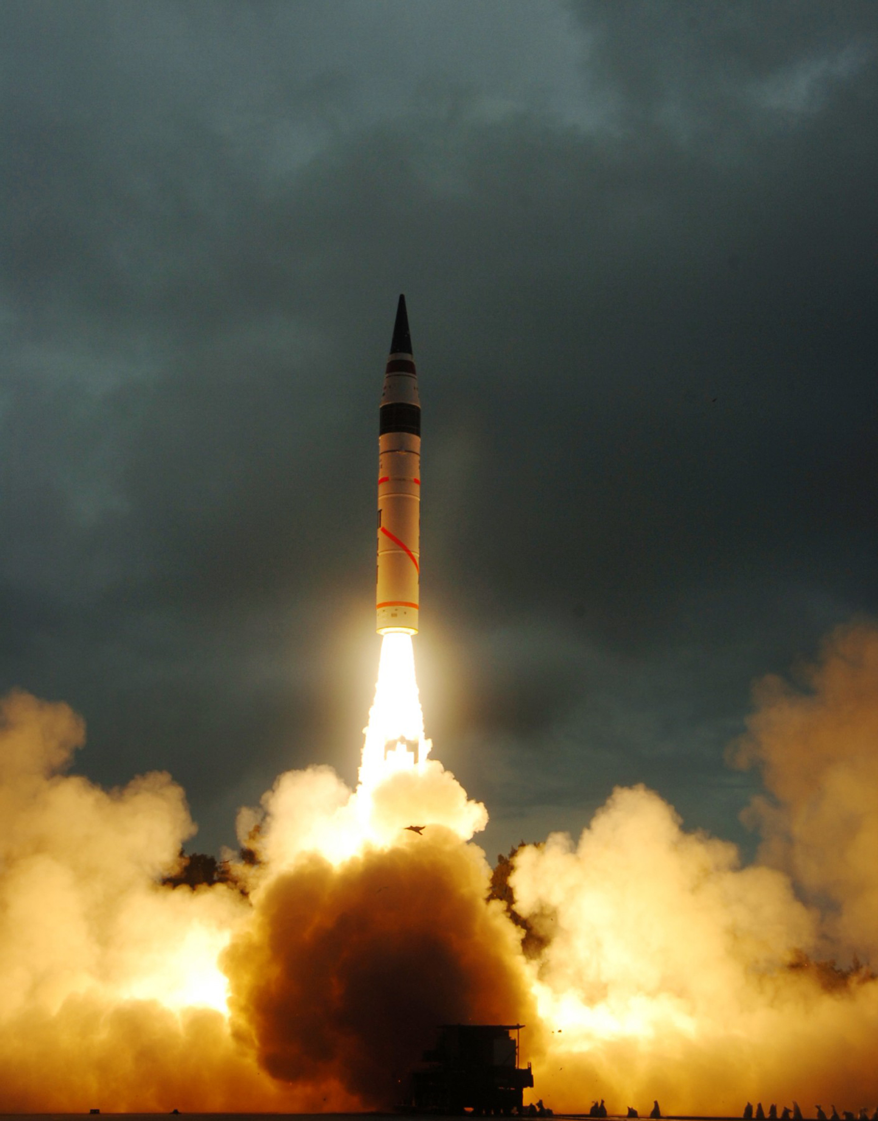 A surface-to-surface Agni-V missile is launched from the Wheeler Island off Odisha
