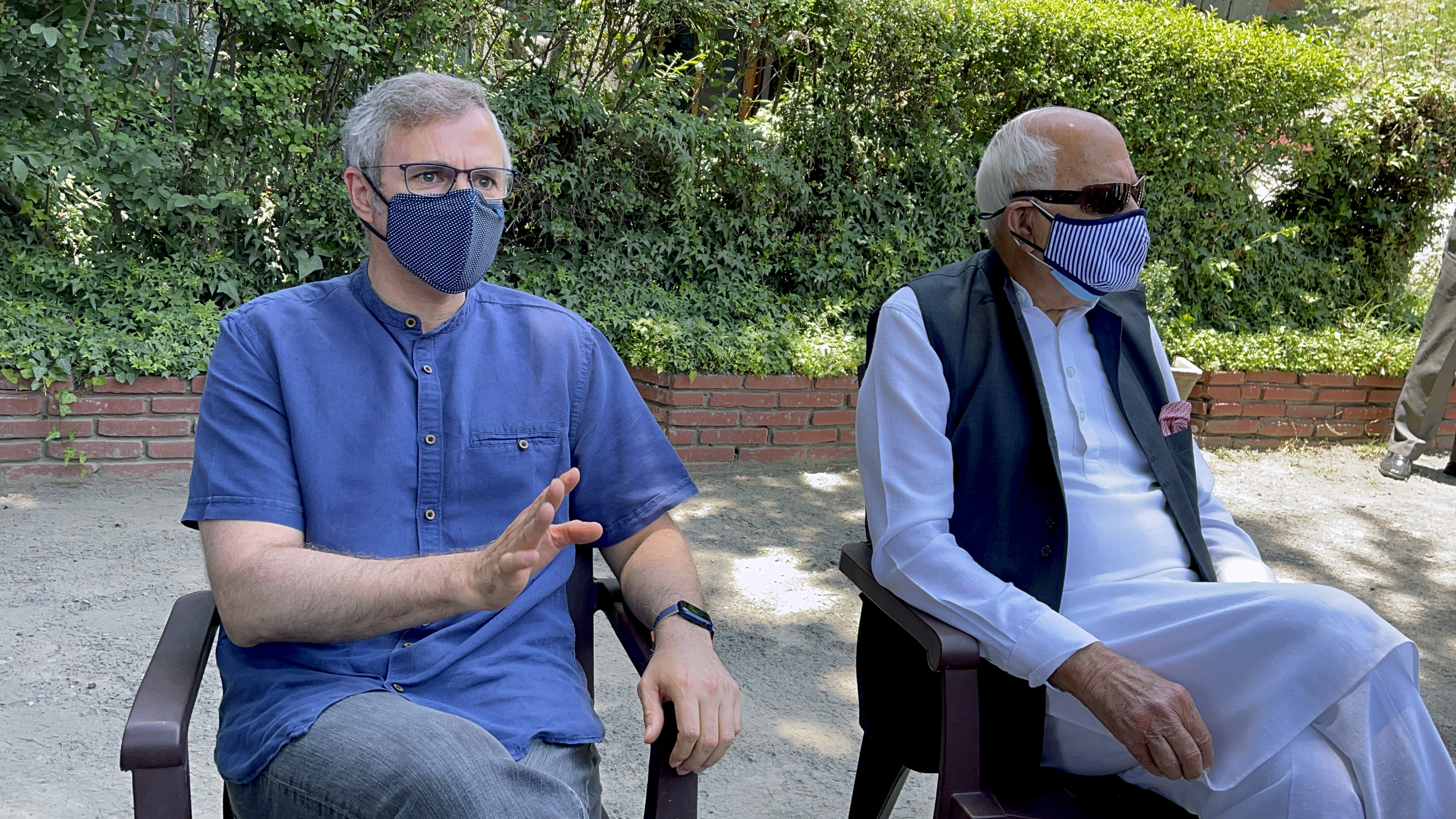 National Conference Vice-President Omar Abdullah along with party President Farooq Abdullah speaks during a press conference