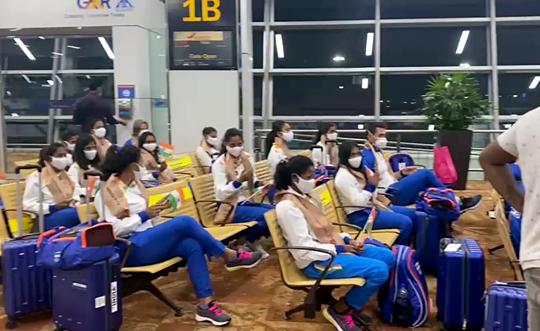 Indian Olympic players during the departure of the first contingent from Delhi Airport