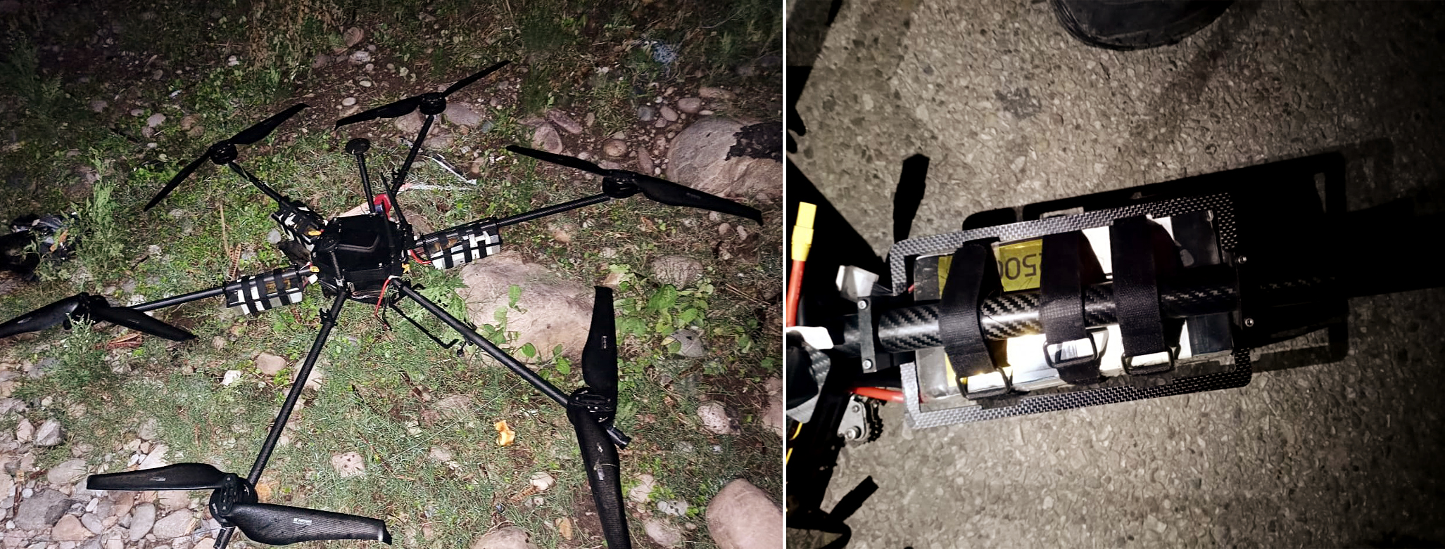 Combo picture of the hexacopter drone shot down by J&K Police