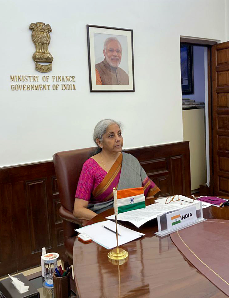 Union Minister for Finance and Corporate Affairs Nirmala Sitharaman virtually participates in the G20 High-Level Tax Symposium on Tax Policy and Climate Change