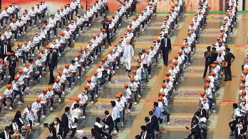 Prime Minister Narendra Modi in an audience enclosure after his address