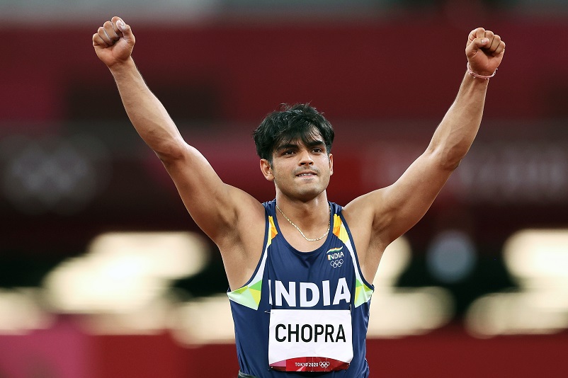 Indian Javelin thrower Neeraj Chopra celebrates after winning the first gold medal at Tokyo2020 Olympics