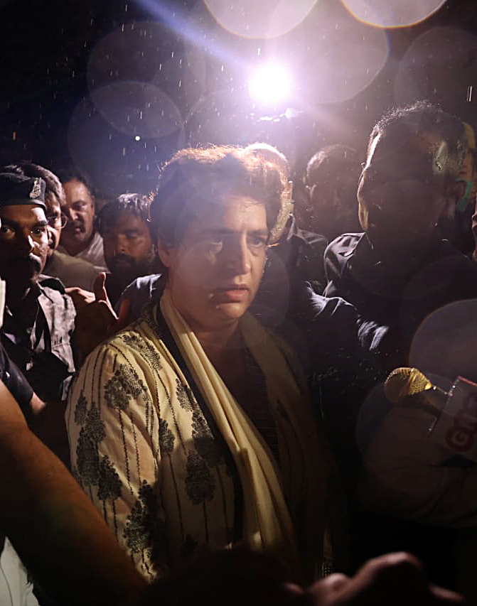 Congress General Secretary Priyanka Gandhi Vadra speaks to the media on her way to Lakhimpur Kheri
