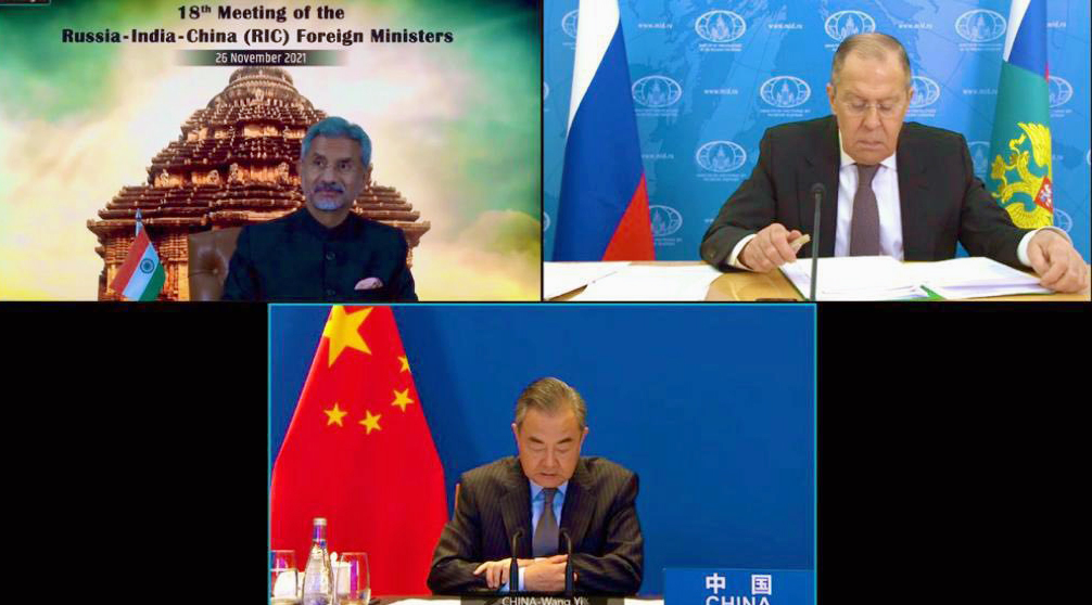 External Affairs Minister Dr. S. Jaishankar, Russia Foreign Minister Sergey Lavrov and Chinese Foreign Minister Minister Wang Yi at the 18th meeting of the Russia-India-China Foreign Ministers