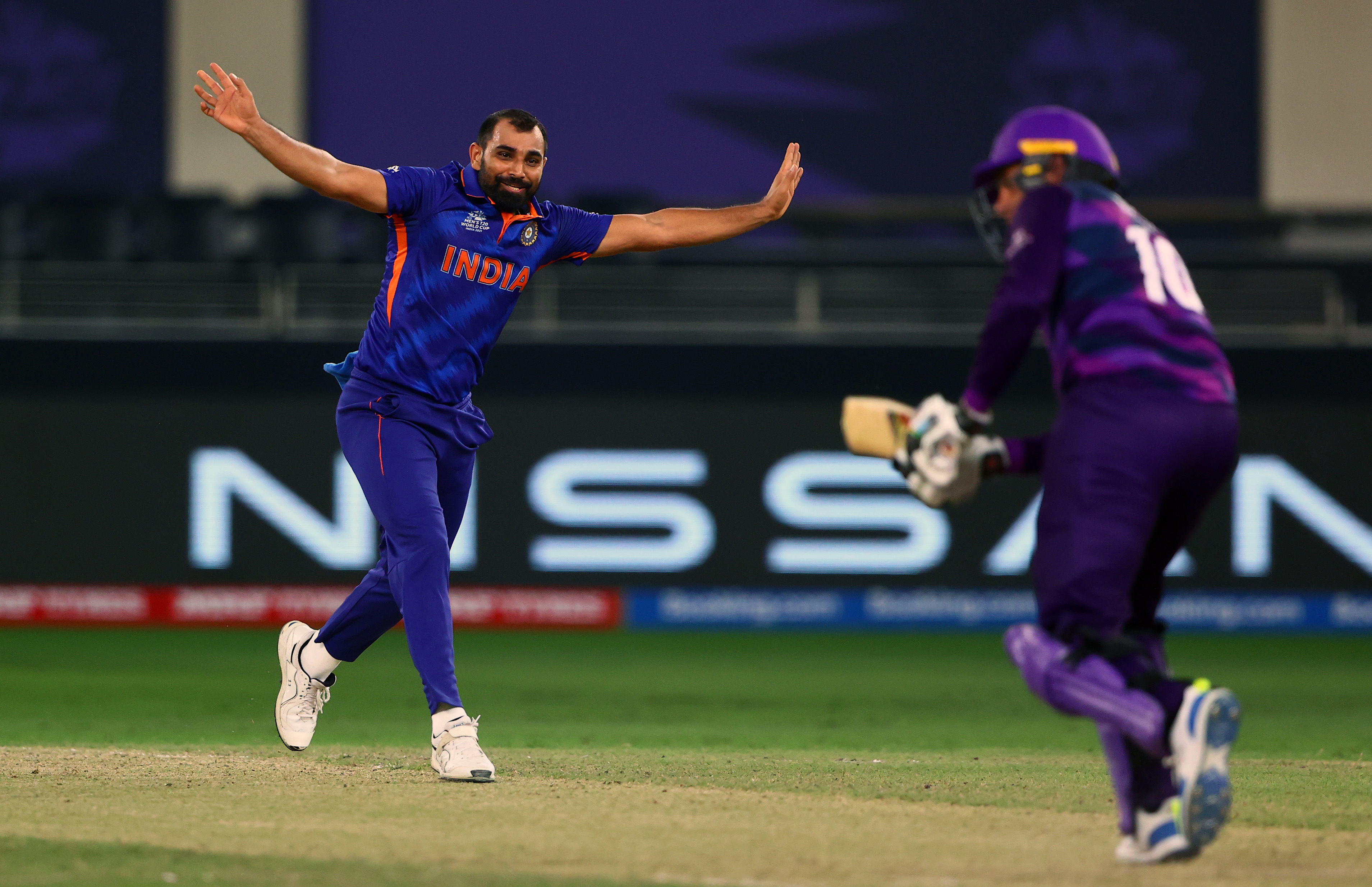 India's Mohammed Shami appeals for dismissal during the ICC Men's T20 World Cup match