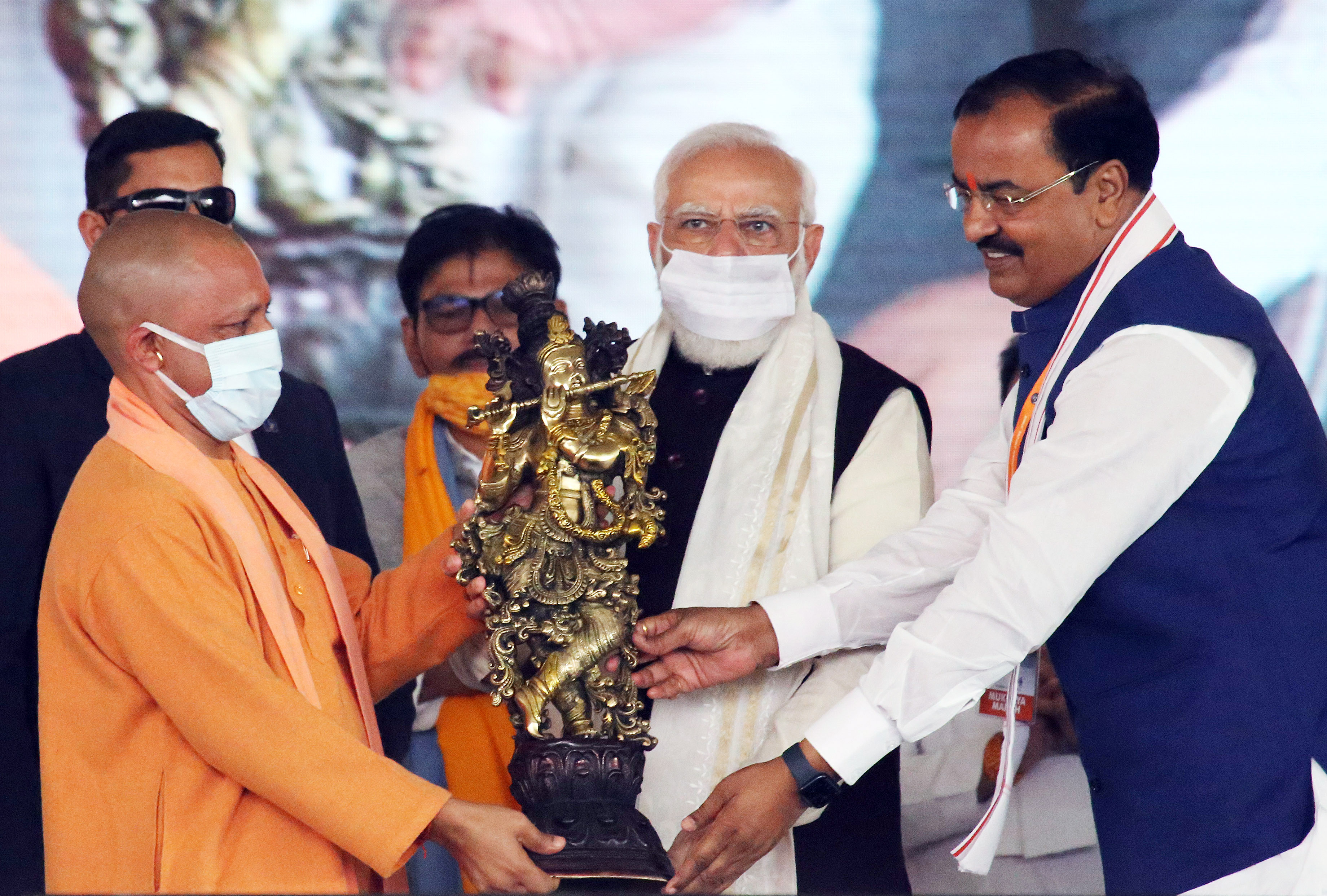 PM Narendra Modi with Uttar Pradesh CM Yogi Adityanath and Dy CM Keshav Prasad Maurya at the Foundation Stone laying ceremony of Noida International Airport
