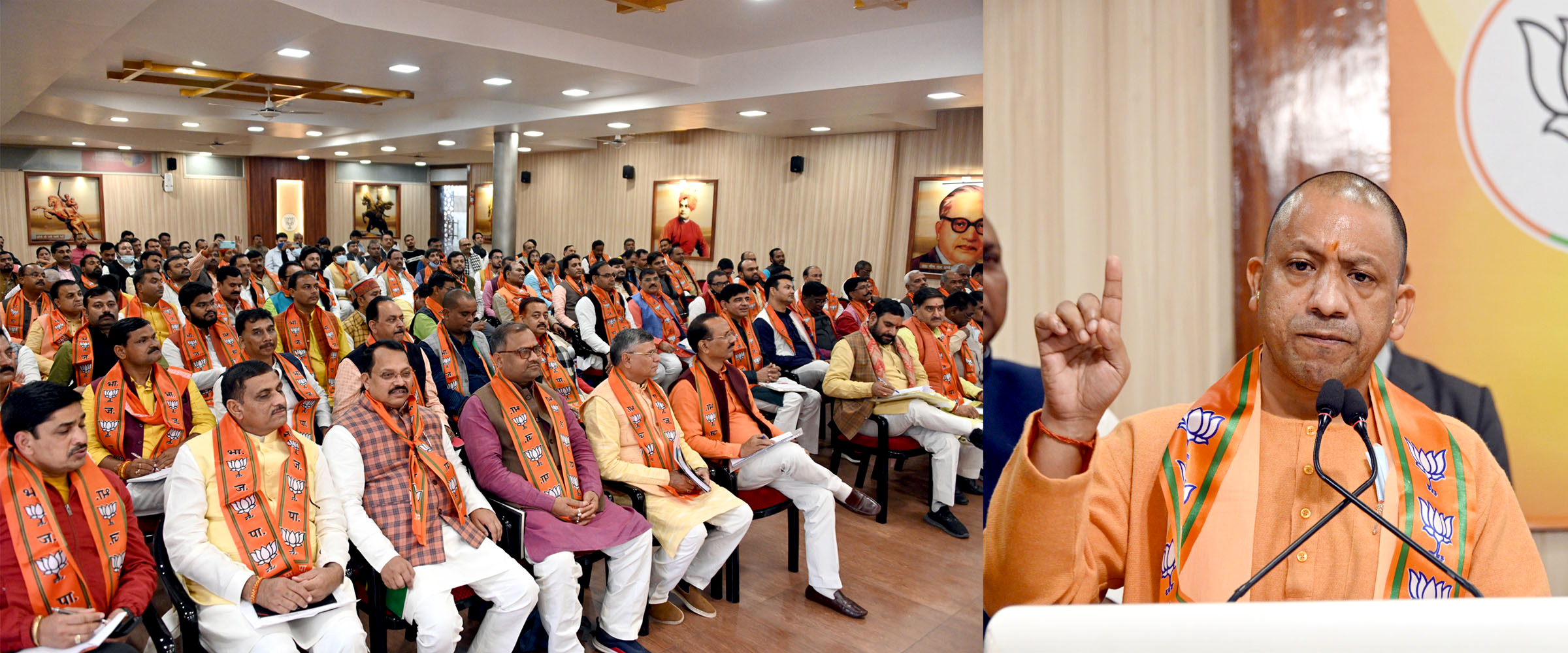 Uttar Pradesh chief minister Yogi Adityanath speaking during the BJP election management committee meeting