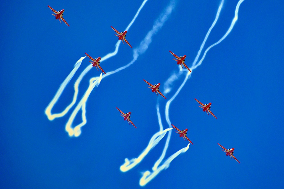 A team of Surya Kiran Aerobatic IAF demonstrates an air show over Umiam Lake ahead of Swarnim Vijay Varsh organised by Eastern Air Command headquarters