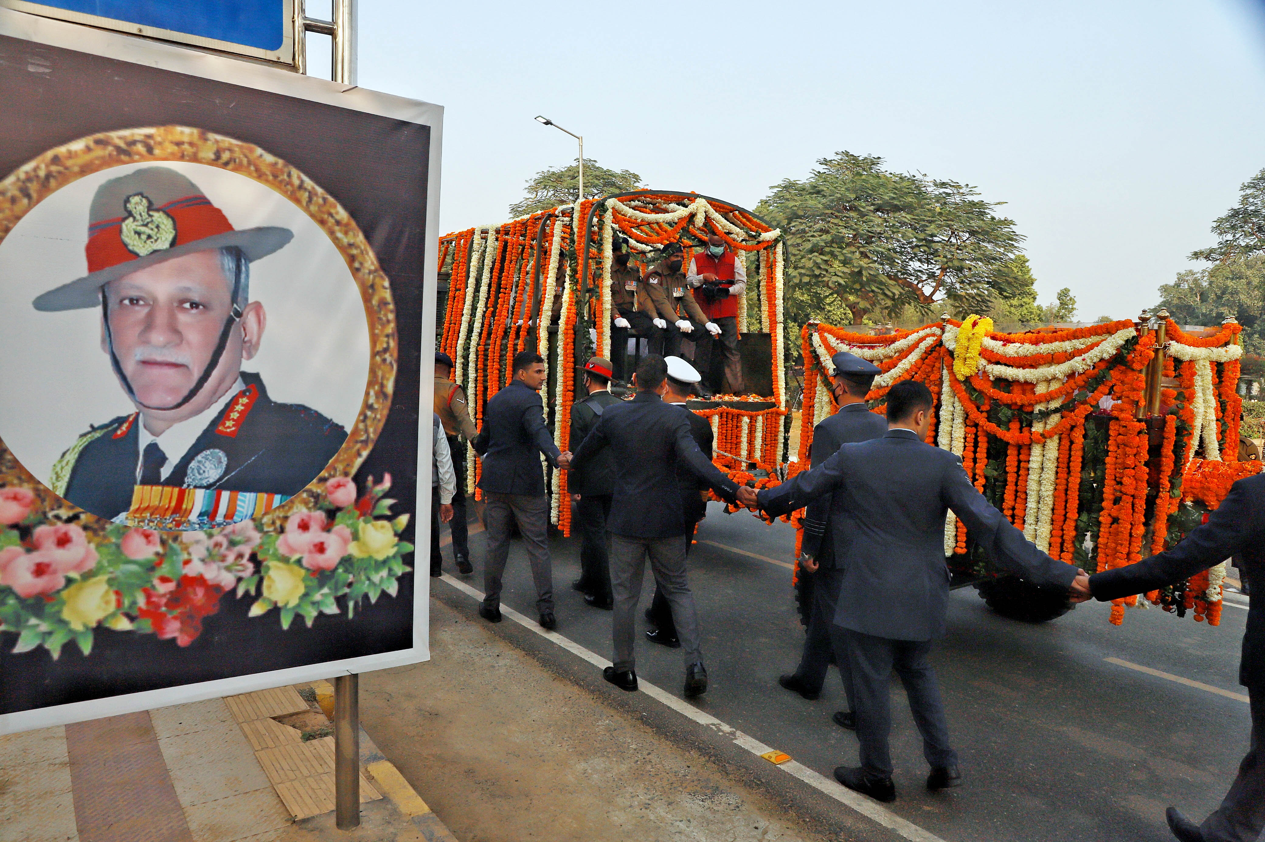 Funeral procession of late Chief of Defence Staff (CDS) Gen Bipin Rawat and his wife Madhulika Rawat from their residence to Brar Square